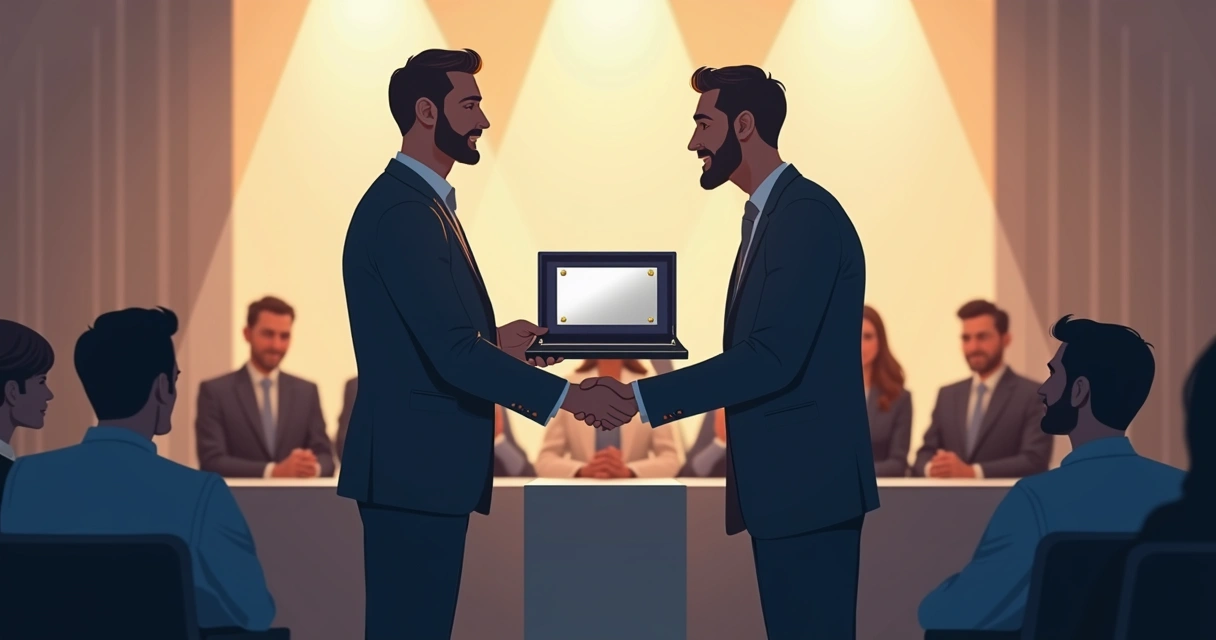 Entrega de placa de homenagem em evento corporativo formal