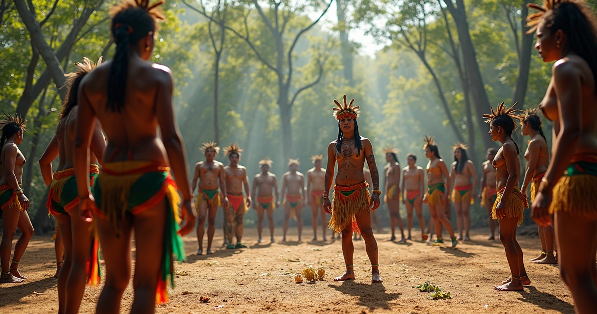 Indígenas em círculo durante cerimônia cultural com pinturas e adereços