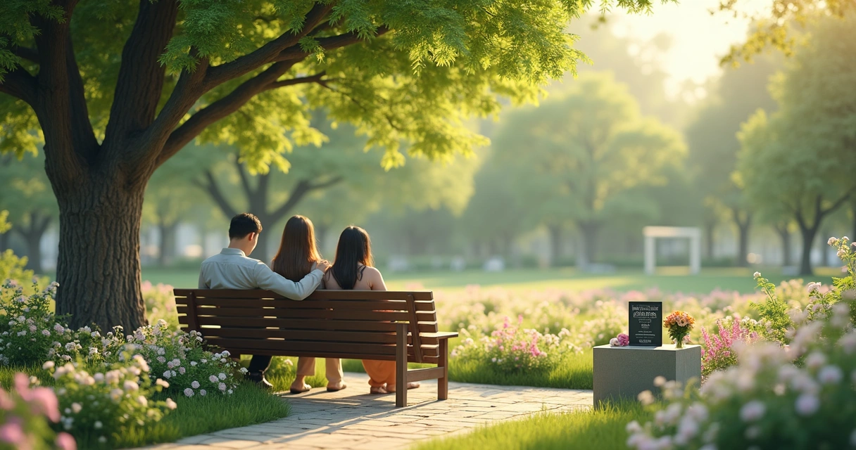 Família sentada em banco de praça rodeada por árvores e flores, em cerimônia ao ar livre. 