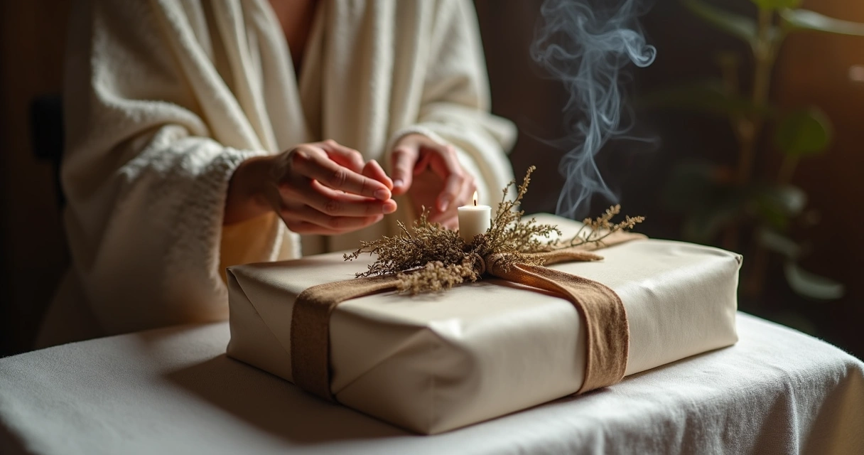 Pessoa realizando limpeza energética em presente com ervas e vela 