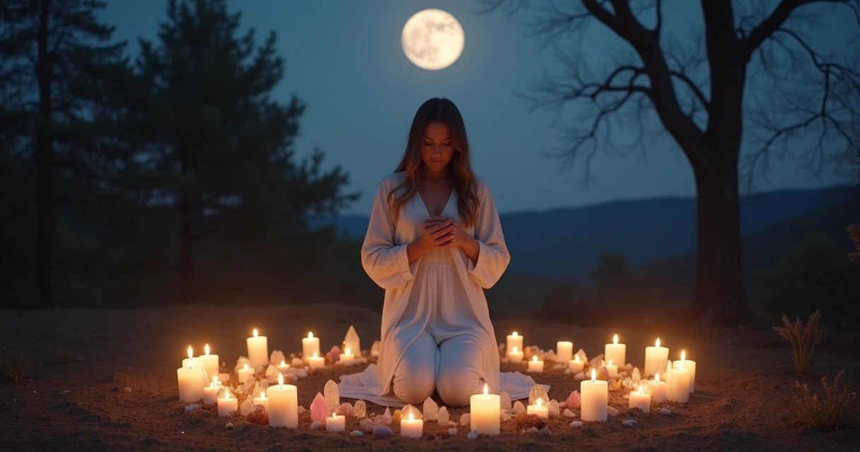 Mulher cercada por velas e cristais sob o luar em ambiente espiritual 