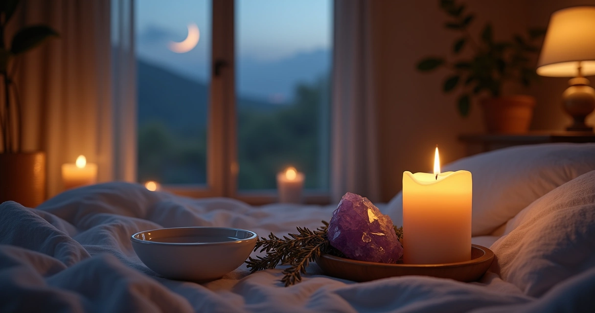 Mesa com velas, ervas e cristal durante ritual noturno perto da janela 