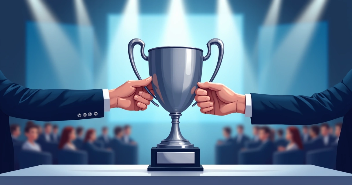 Cerimônia corporativa com entrega de troféu metálico personalizado 