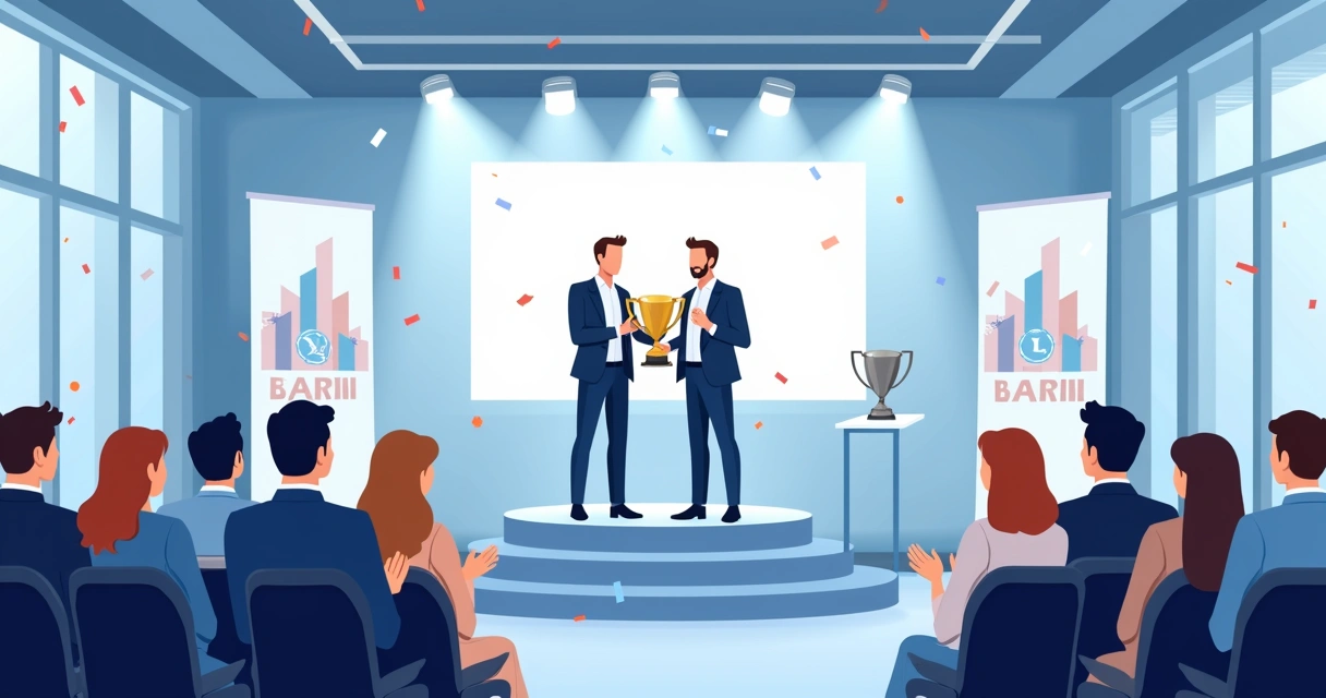 Cerimônia de premiação com equipes recebendo troféus personalizados 
