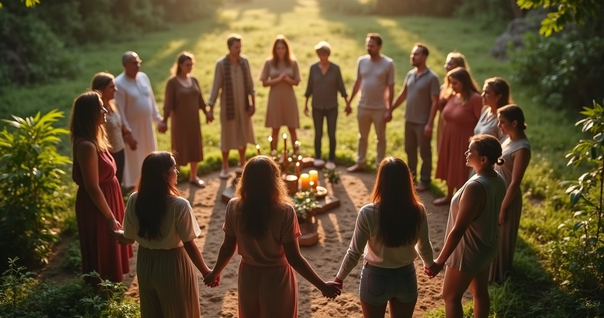 Cerimônia de pessoas reunidas em círculo durante ritual coletivo