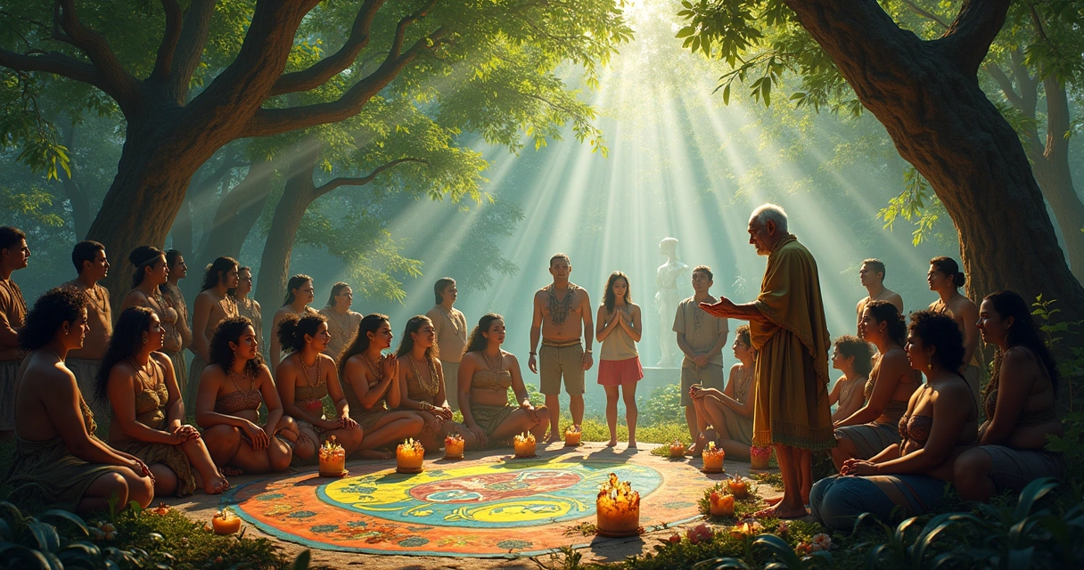 Cerimônia de Umbanda em clareira florestal com altar colorido e participantes diversos.
