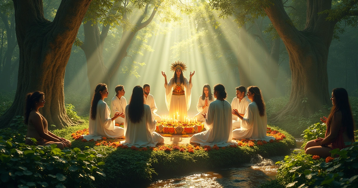 Cerimônia espiritual da Umbanda em uma floresta vibrante com altar colorido e praticantes meditando.