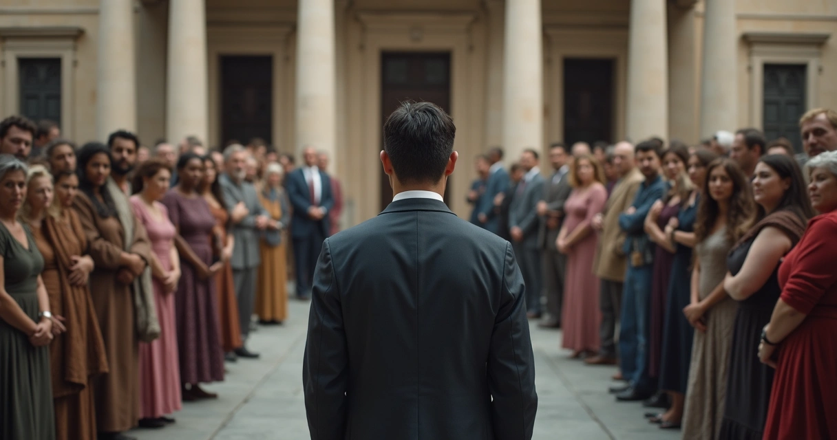 Grupo observando pessoa central durante um ritual, clima de tensão e julgamento social