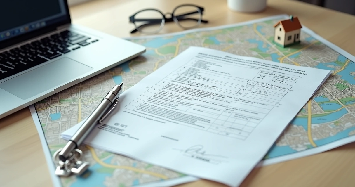 Certidão de matrícula de imóvel sobre mapa urbano em mesa de escritório 