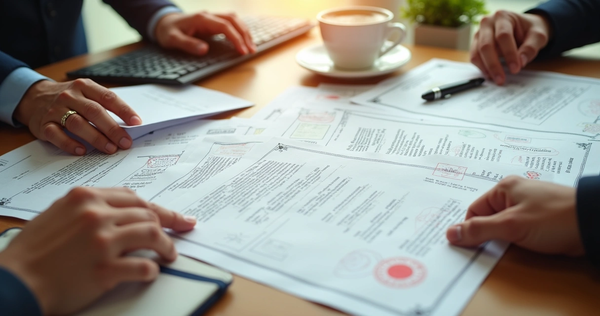 Pessoa segurando certificados em papel sobre uma mesa de trabalho