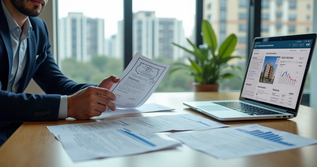 Investidor analisando certidões negativas ao lado de imóvel de leilão 