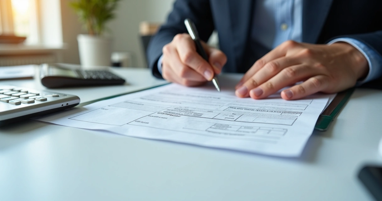 Pessoa analisando uma certidão de matrícula de imóvel com papéis, uma caneta e uma calculadora na mesa 