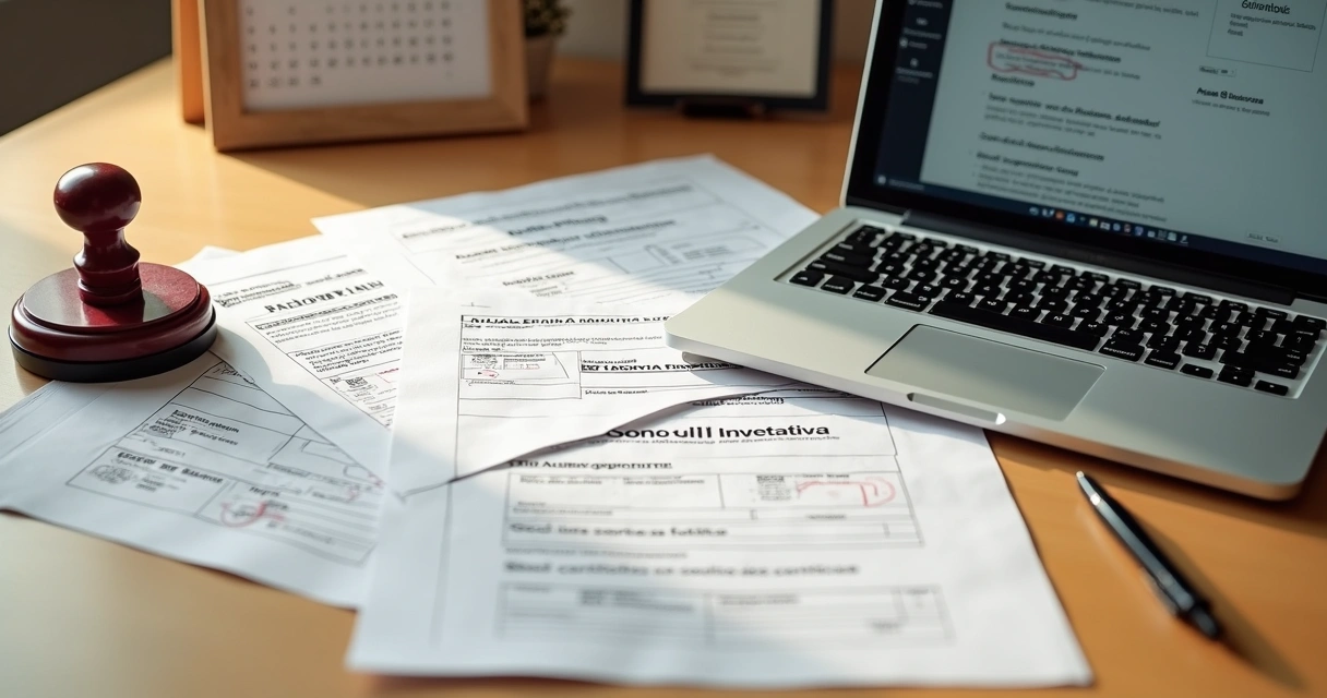 Mesa de escritório com certidões negativas de inventário organizadas ao lado de carimbo e notebook 