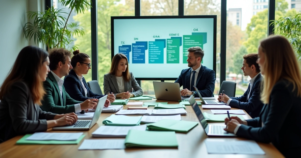 Consultores ambientais em reunião discutindo documentos de certificação ISO 14000 