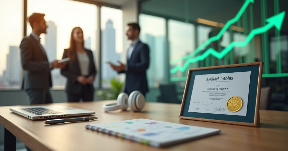 Profissionais brasileiros em ambiente bancário moderno com destaque para certificado financeiro 