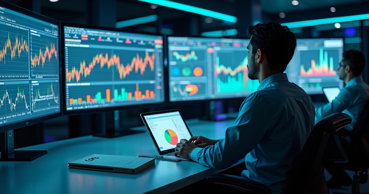 Gestor analisando gráficos de fundos de investimento em sala de monitoramento de mercado 