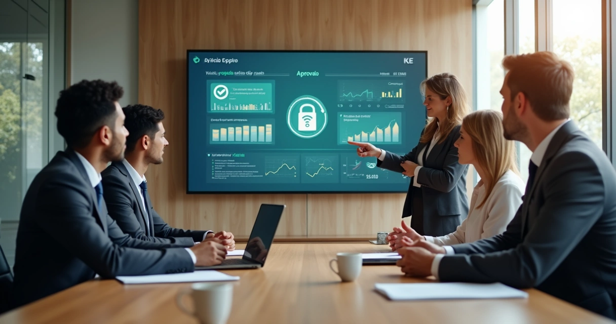 Equipe analisando painel digital de certificação com foco em segurança jurídica 