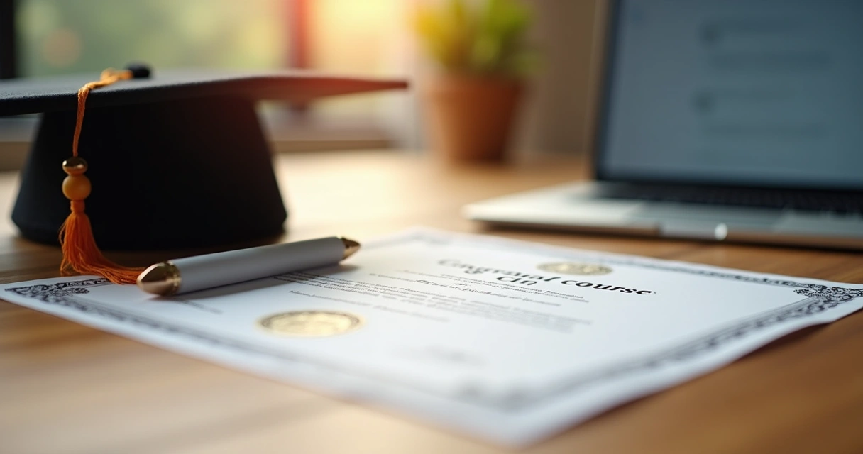 Certificado digital de curso universitário reconhecido em destaque sobre mesa. 