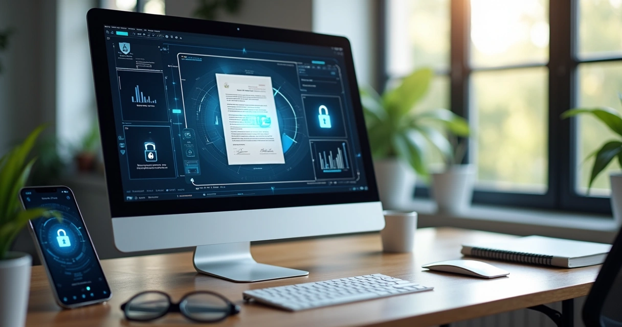 Computador com tela mostrando certificado digital e assinatura eletrônica em documento digital 