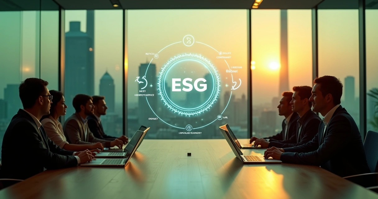 Sala de reunião moderna com selo ESG sobreposto e símbolos de reciclagem em destaque 