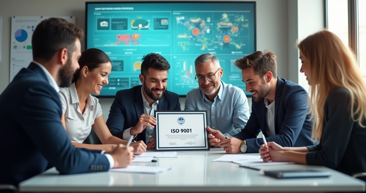 Reunião de equipe analisando certificado ISO 9001 em ambiente corporativo 