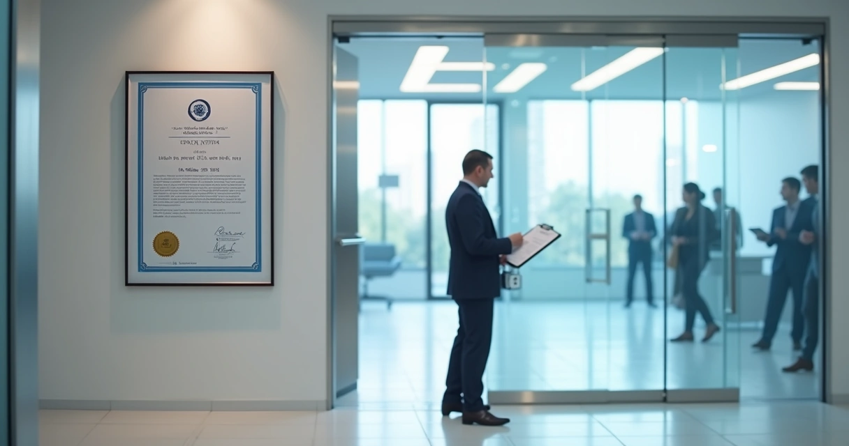 Auditor avaliando certificado ISO 9001 ao lado de porta automática de vidro em escritório corporativo 