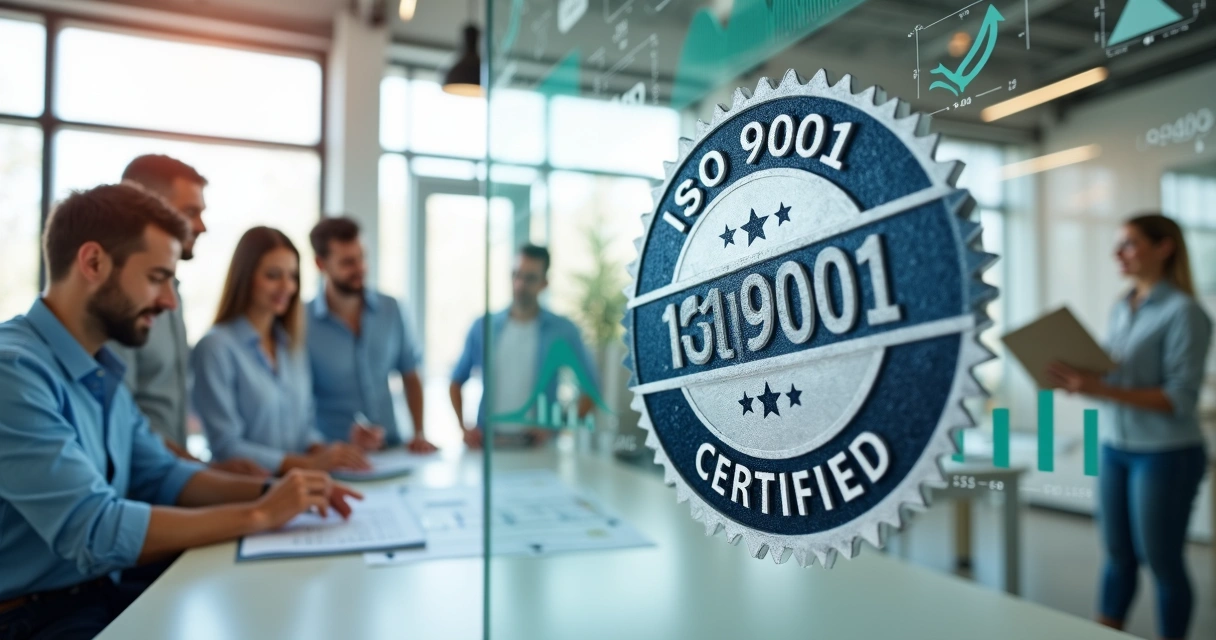 Gráfico ISO 9001 misturando equipe de escritório e clientes satisfeitos 