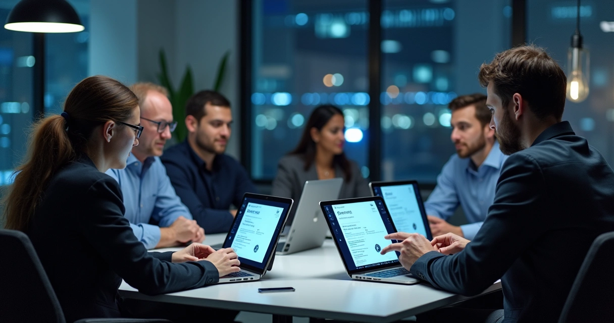 Profissionais de diferentes áreas usando computadores em um ambiente colaborativo, tela exibindo certificado digital de IA 