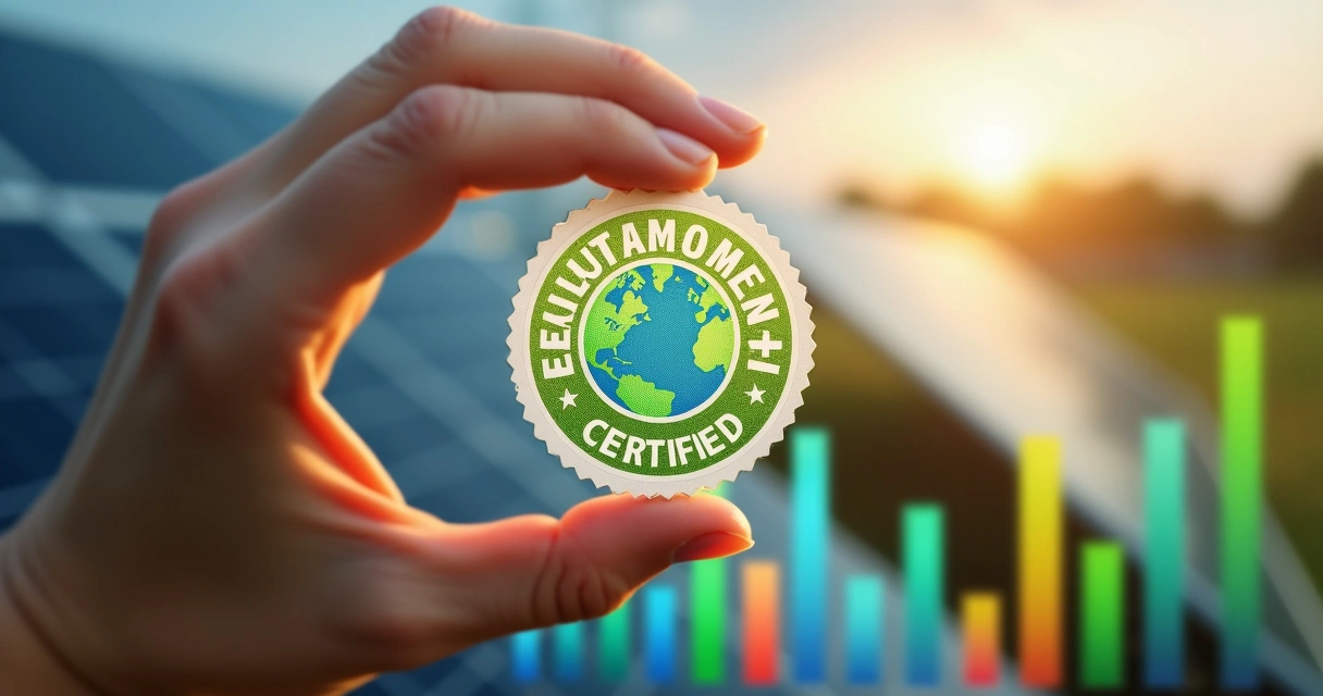 Mão segurando selo de certificação ambiental sobre fundo com gráficos e painéis solares