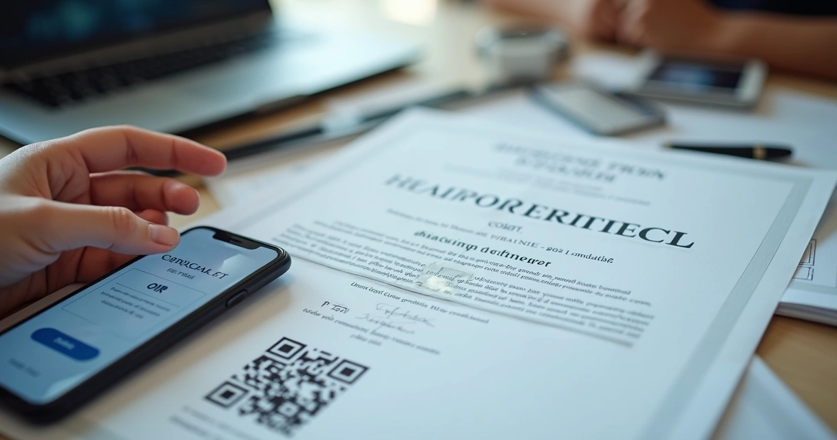 Certificado online com QR Code sendo escaneado por smartphone 