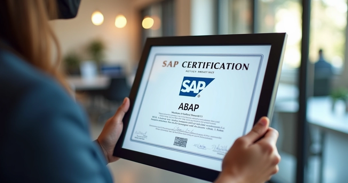Pessoa mostrando certificado oficial SAP com destaque para área ABAP. 