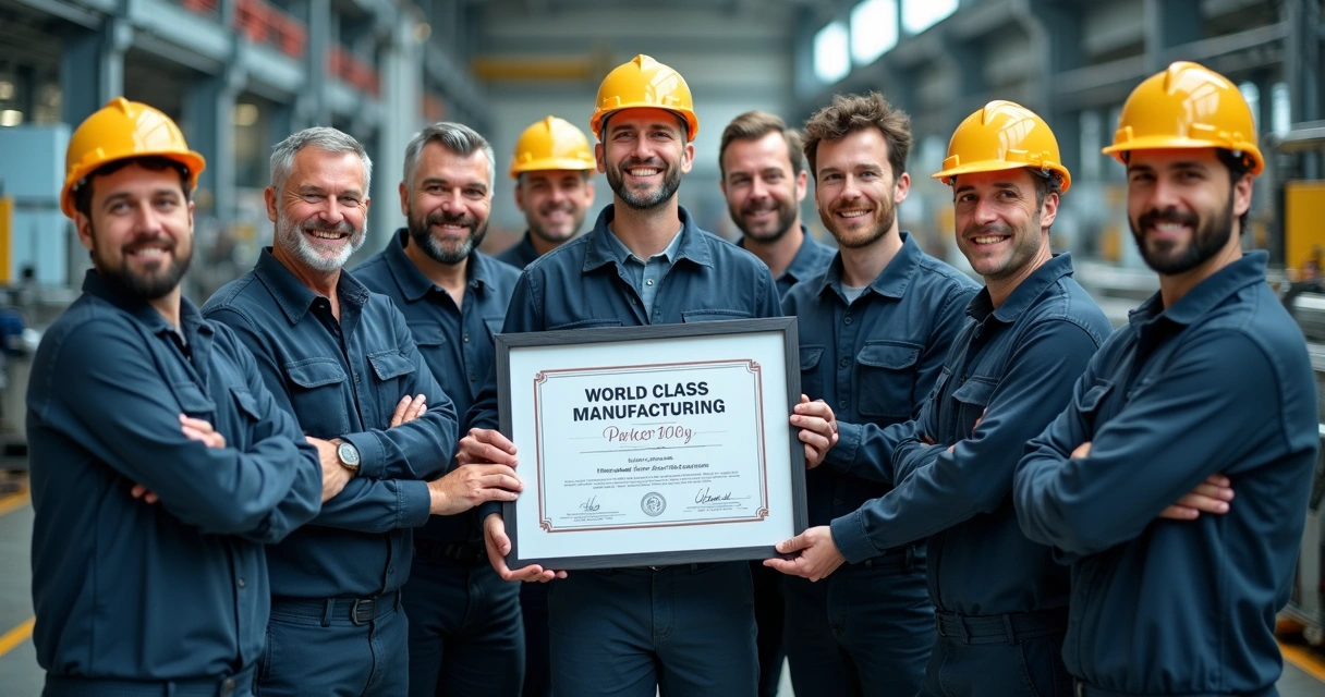 Equipe reunida recebendo certificado de WCM com máquina ao fundo 