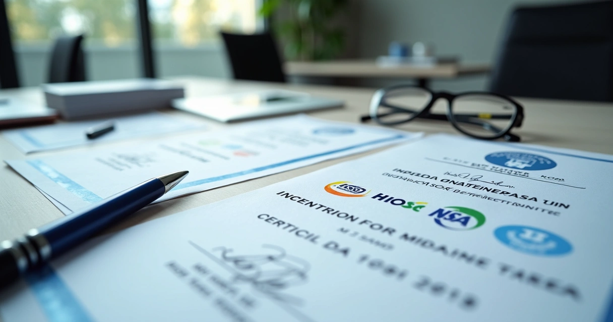 Certificações ISO, INMETRO e ANVISA sobre a mesa 