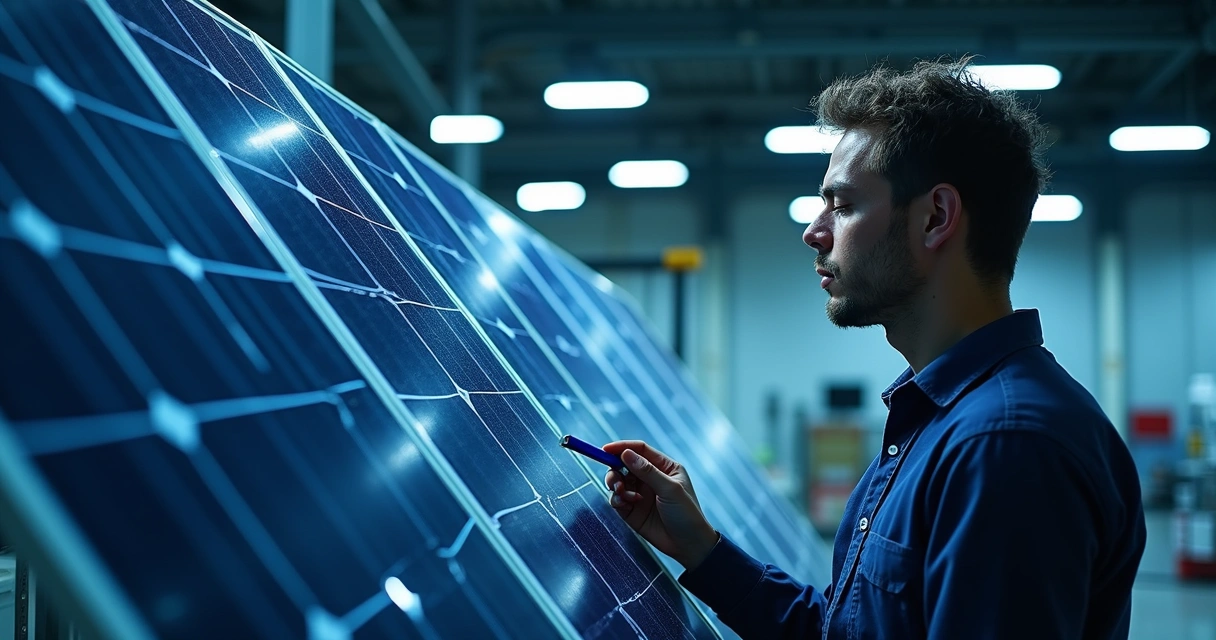 Painel solar sendo inspecionado por técnico com selos de qualidade ao redor