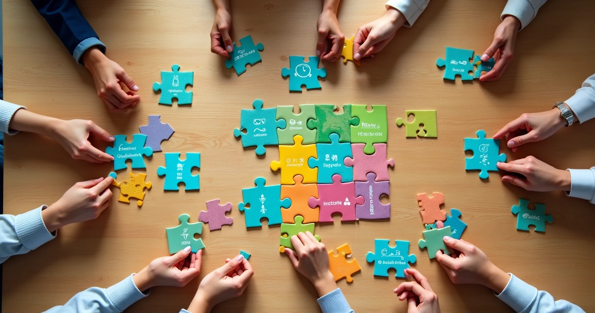 Peças de quebra-cabeça com selos de certificação de sustentabilidade alinhadas sobre mesa de madeira 