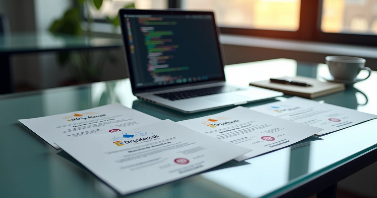 Certificações tecnológicas internacionais exibidas em diplomas e certificados digitais sobre uma mesa moderna de escritório 