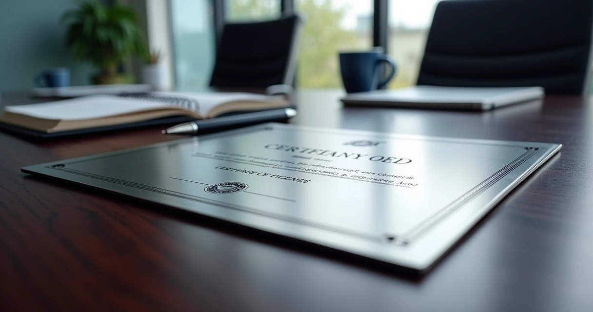Certificado em aço inox sobre mesa corporativa