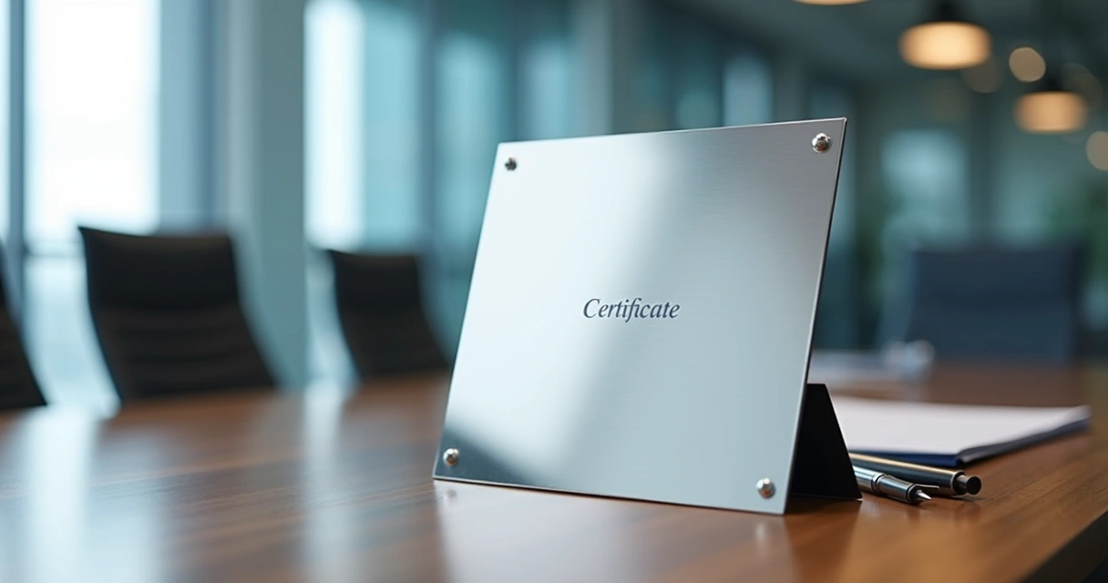 Certificado em aço inox sobre mesa corporativa 