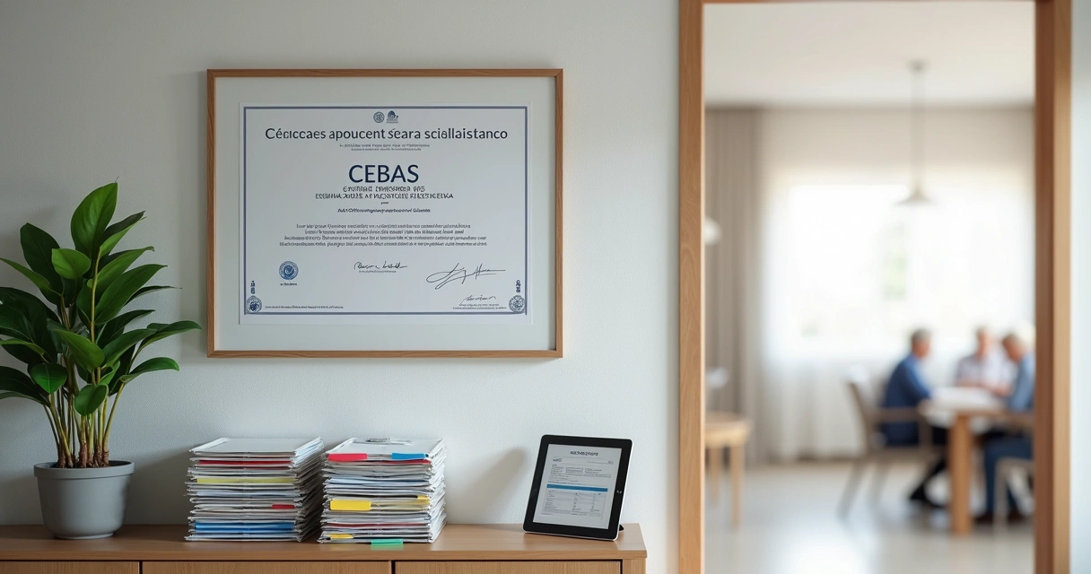 Certificado CEBAS em destaque na parede de instituição de longa permanência para idosos 