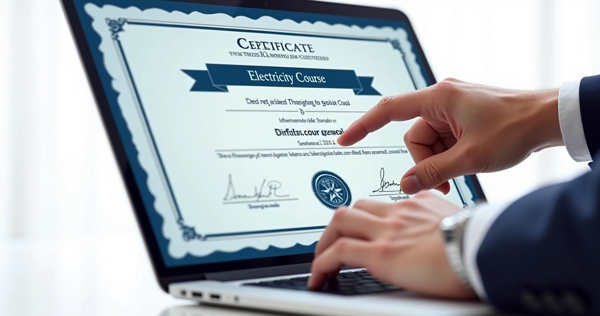 Certificado digital de curso de eletricidade aplicado em tela de notebook 