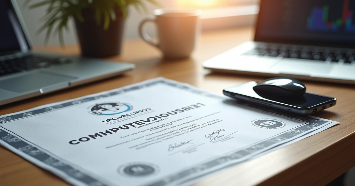 Certificado de curso de informática em mesa com computador 