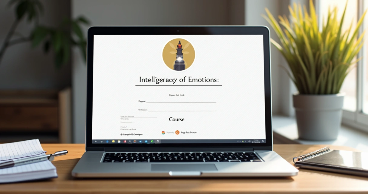 Certificado digital de conclusão do curso de inteligência emocional exibido em laptop 