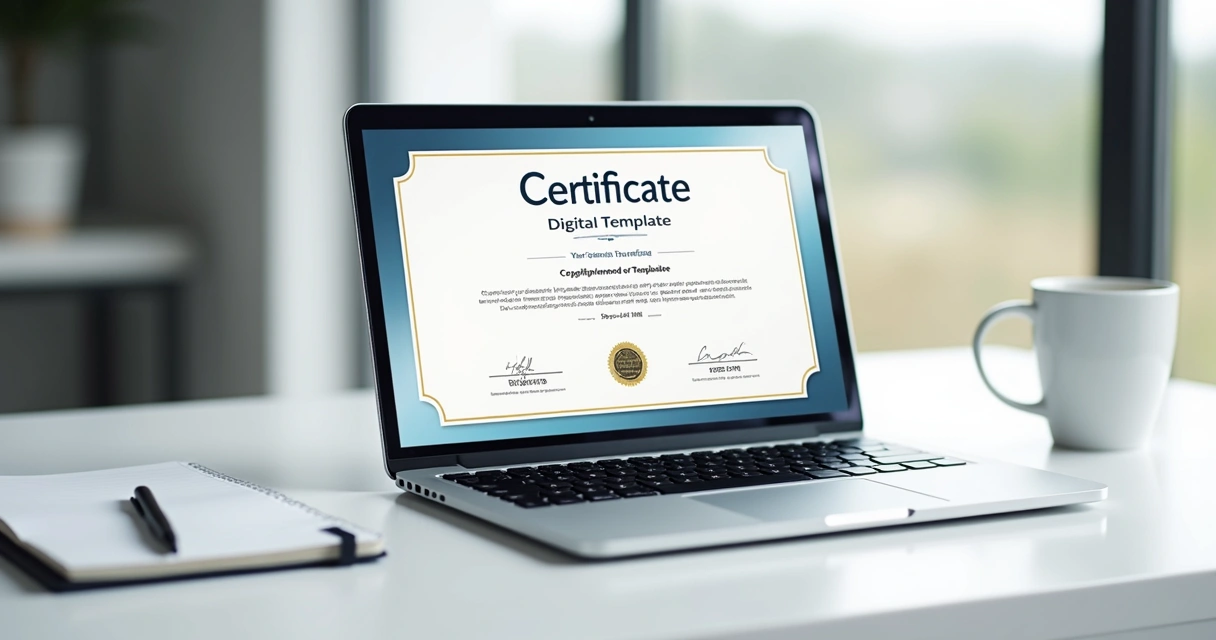 Certificado digital aberto na tela de um laptop, papel e caneta ao lado 