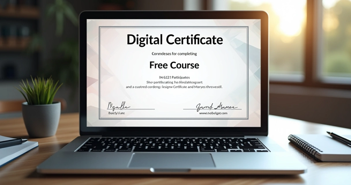 Certificado digital simples de curso online gratuito na tela de laptop 