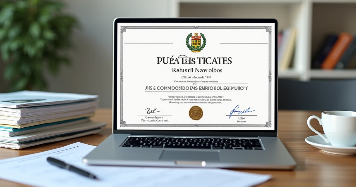Certificado digital de curso público sobre uma mesa de trabalho 
