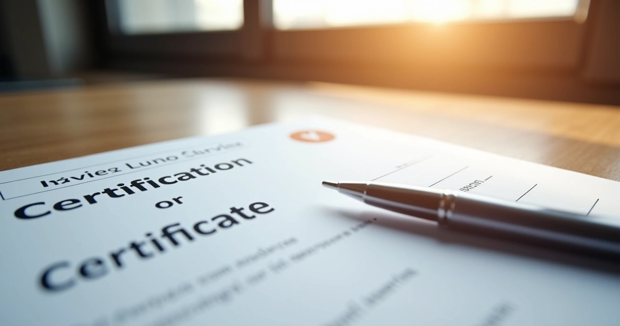 Certificado digital sobre mesa de madeira com caneta ao lado. 