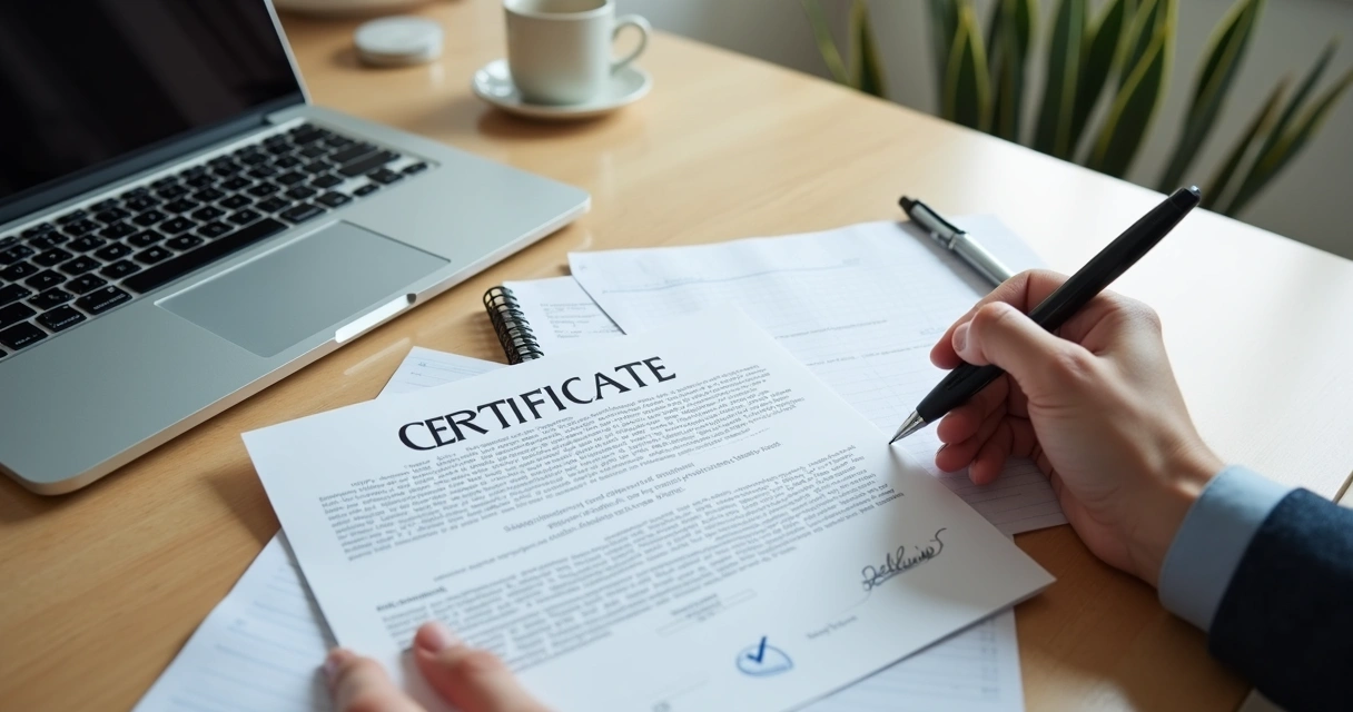 Certificado impresso ao lado de notebook e anotações. 