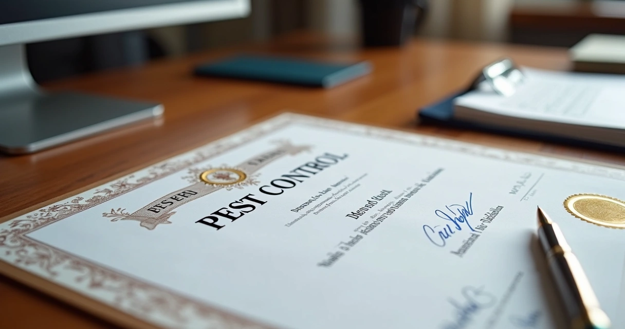 Certificado oficial de serviço de dedetização sobre uma mesa.