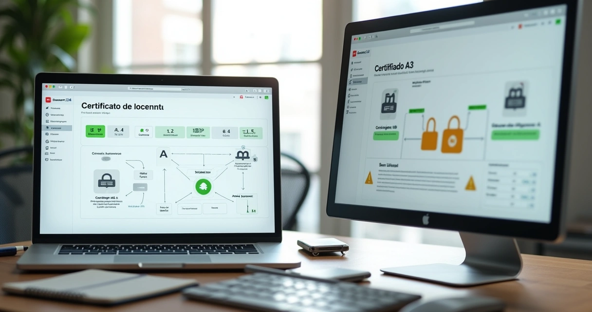Comparação visual entre certificado digital A1 e A3 em um dashboard SaaS 