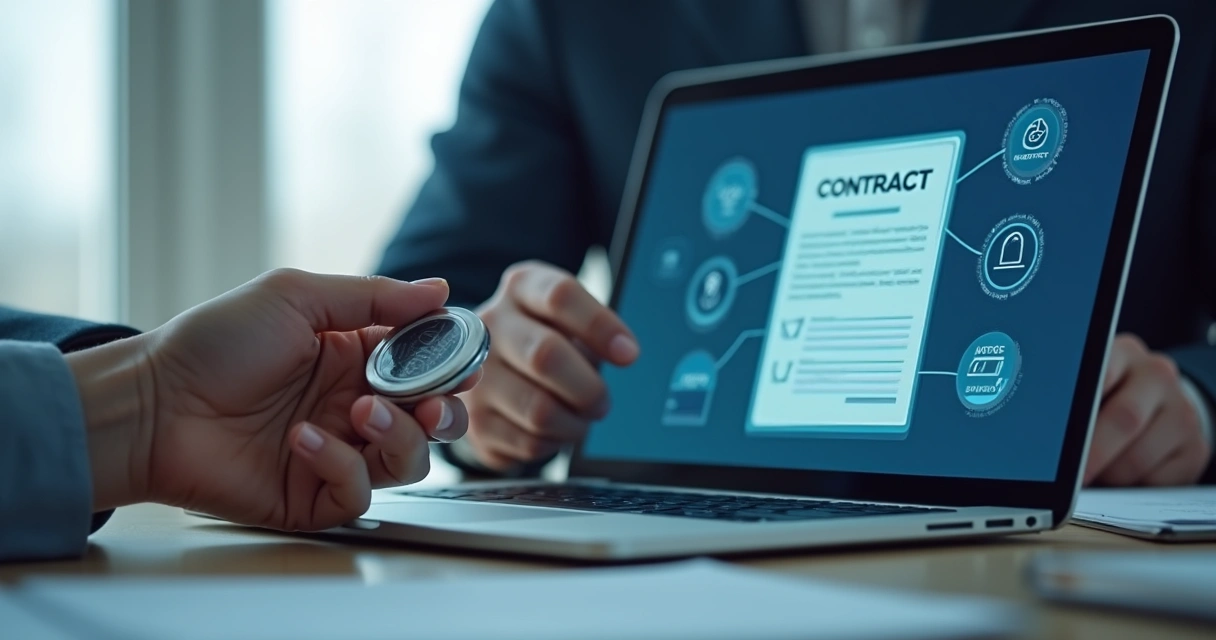 Mão segura um token para certificado digital ao lado de um notebook com tela de contrato 